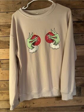 Cream Graphic Crewneck Sweater with Playful Hand & Pomegranate Motif